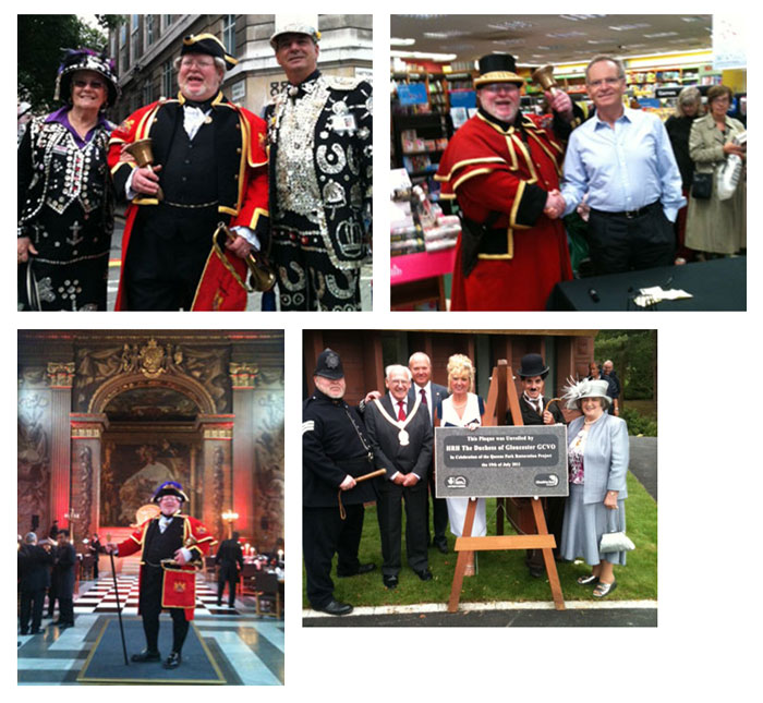 With a Pearly King and Queen in London's Hatton Garden, meeting Jeffrey Archer at the Hitchin branch of Waterstones, waiting for HRH The Duchess of Gloucester at Crewe and in the Royal Naval College, Greenwich.